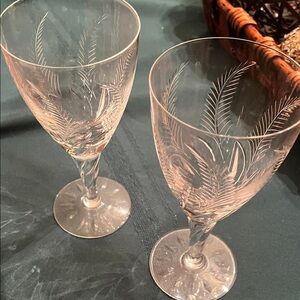 Etched Glass Wine Goblet Pair
